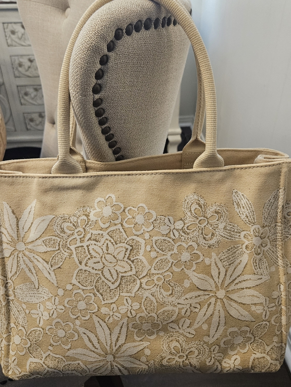 Oscar De La Renta Beige Floral Canvas Tote Bag with White Embroidered Motif